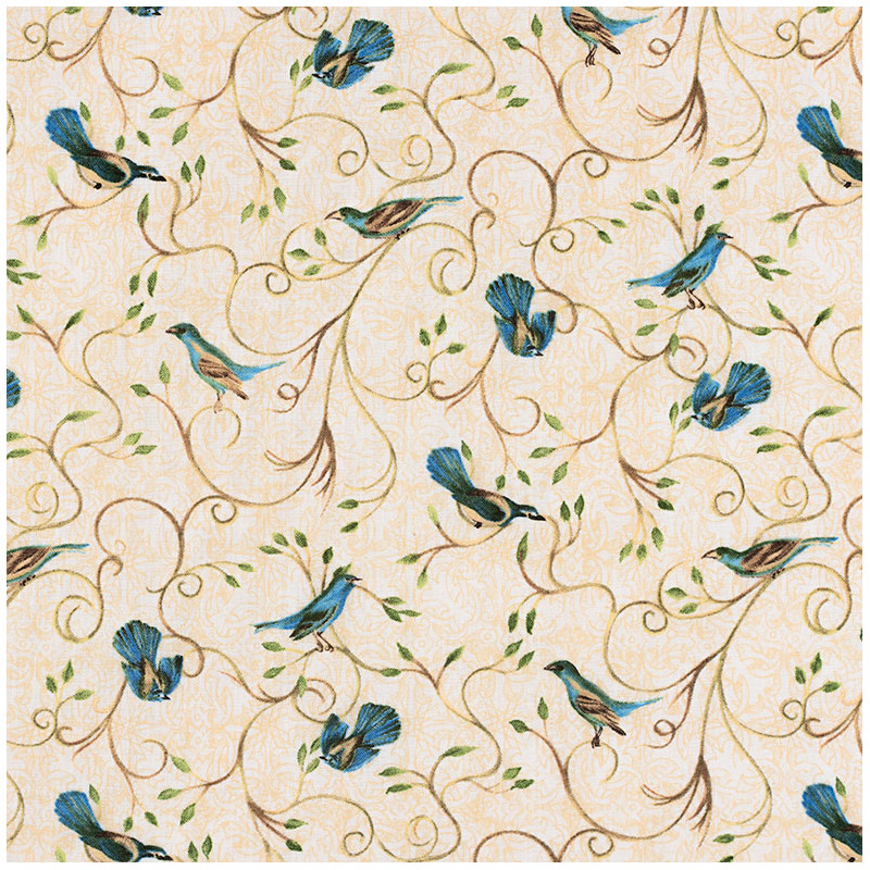 Fabric with birds in blue Hydrangea colors