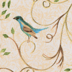 Fabric with birds in blue Hydrangea colors, detail