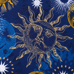 Sun and moon cotton fabric blue, metallic print