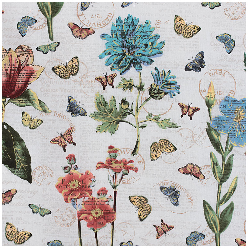botanical cotton fabric with butterflies and flowers