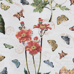 Botanical cotton fabric with butterflies and flowers, detail