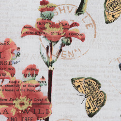 Botanical cotton fabric with butterflies and flowers and golden print