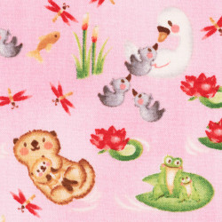 Pink cotton Pond fabric, Hugs and Love, detail