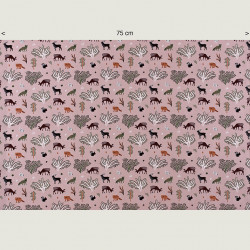 Pink cotton fabric with a forest animals print, half width