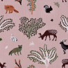 Pink cotton fabric with a forest animals print, detail