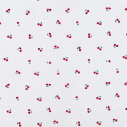 Kleine rode kersjes print op witte katoen stof.