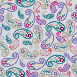 White cotton fabric with colored paisley print, detail