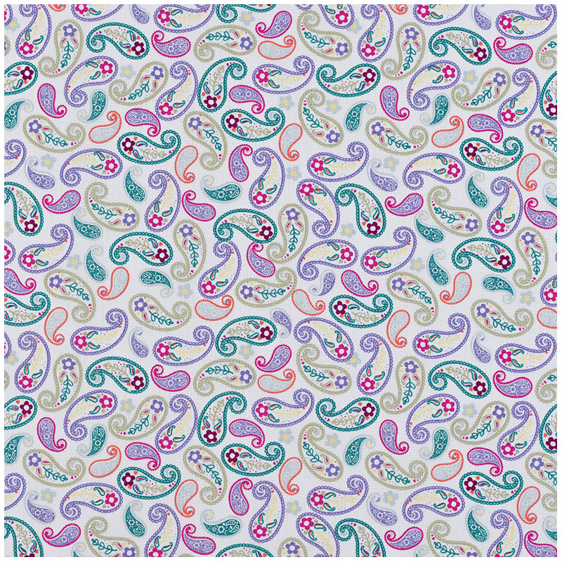 White cotton fabric with colored paisley print