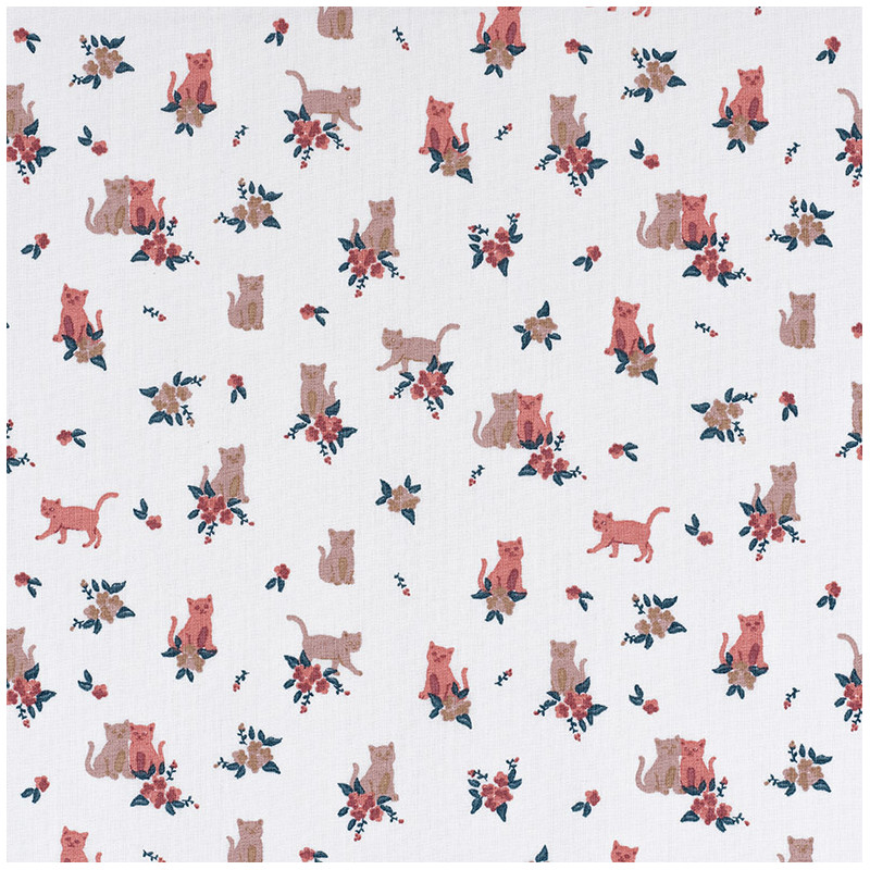 Cats and flower fabric white